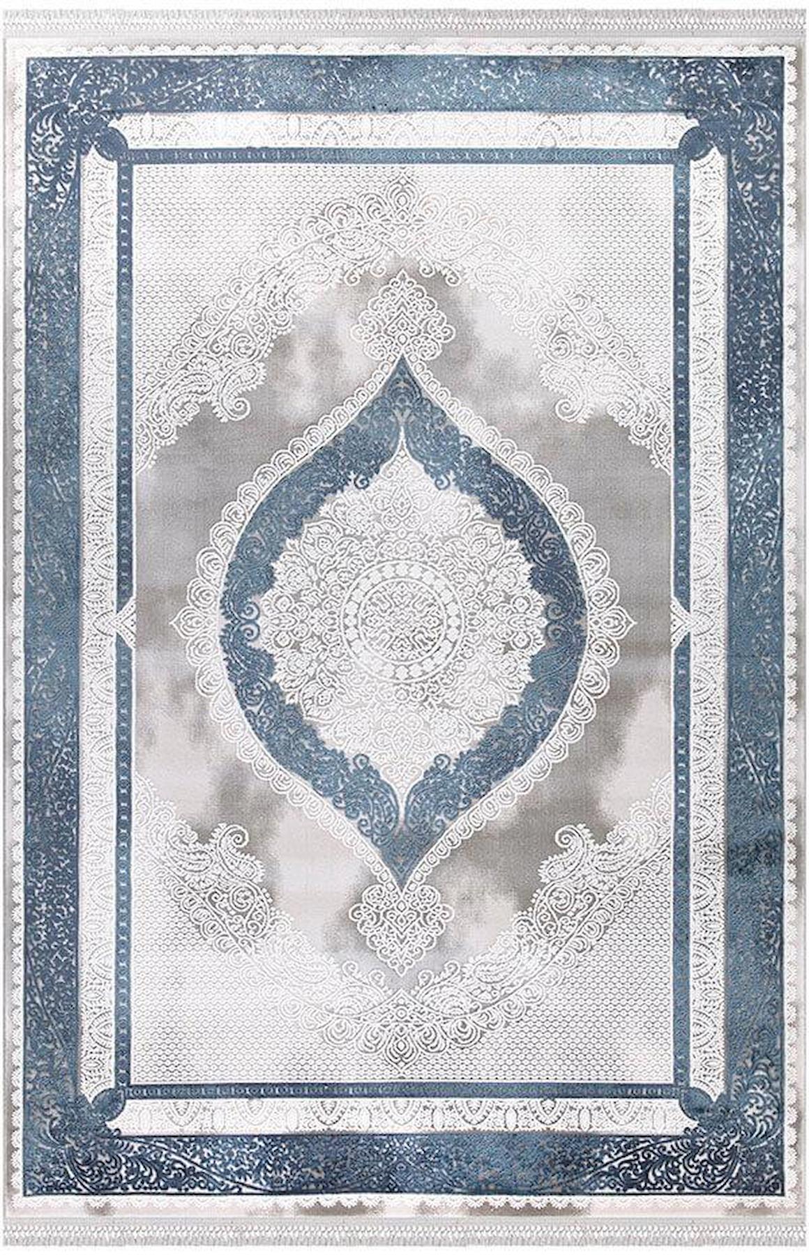 İpek Mekik Halı Blossom Füme-Lacivert 10 mm Bambu Yıkanabilir Orta Kaymaz Pamuk Taban Dikdörtgen Makine Dokuma Antre-Çocuk Odası-Salon-Yatak Odası Halısı 100x300 cm