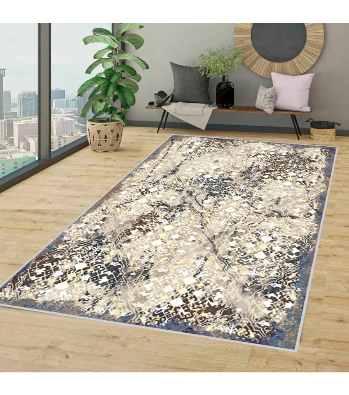 Rovigo Home RVG1353-HT378 Krem 8 mm Polyester Leke Tutmaz-Toz Tutmaz Yıkanabilir İnce Kaymaz Dot Taban Dikdörtgen Makine Dokuma Salon Halısı 80x150 cm