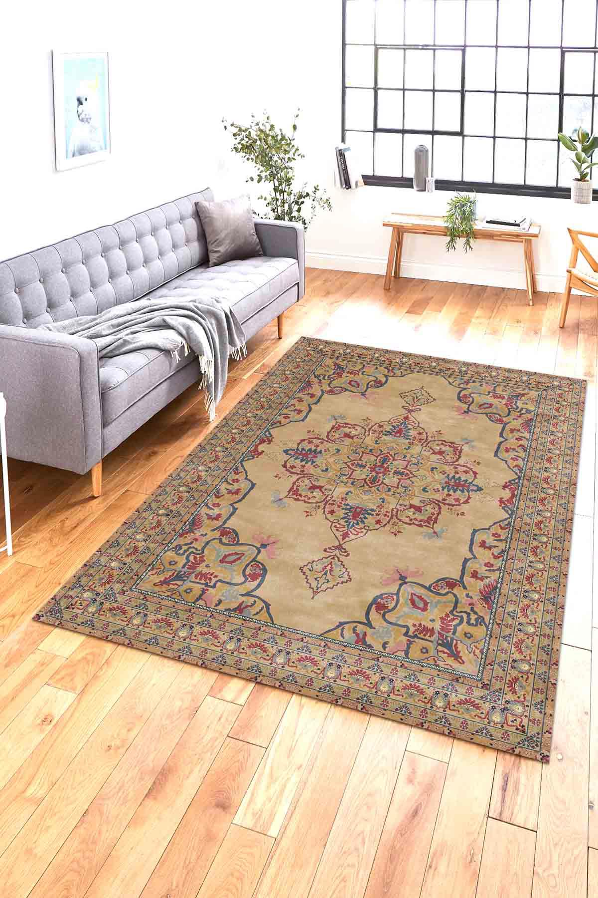 Aida Home Pojix Krem 0.5 mm Pamuk Antibakteriyel Yıkanabilir İnce Kaymaz Şönil Taban Dikdörtgen Makine Dokuma Salon Halısı 170x240 cm