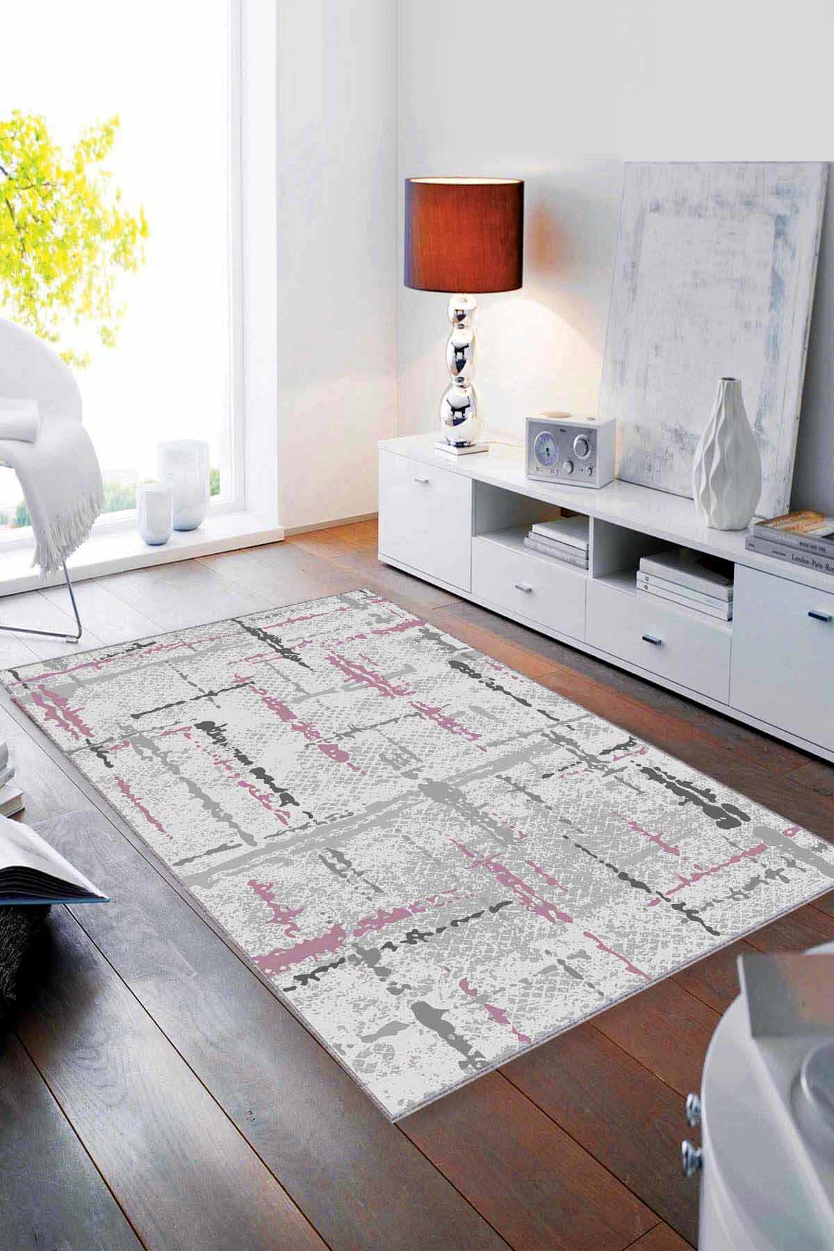 Viva Home SY09 Pembe 7 mm Mikropolyester Leke Tutmaz Yıkanabilir İnce Kaymaz Dot Taban Dikdörtgen Makine Dokuma Salon Halısı 100x150 cm