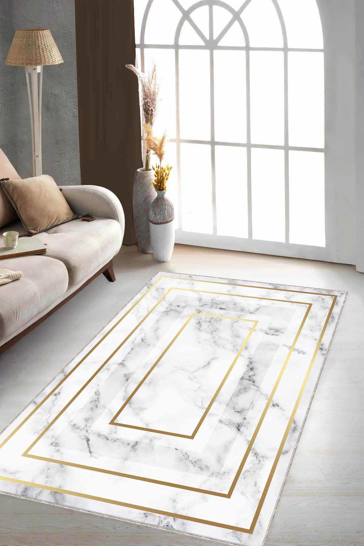 Viva Home RV006 Altın - Krem 7 mm Mikropolyester Leke tutmaz Yıkanabilir İnce Kaymaz Dot Taban Dikdörtgen Makine Dokuma Salon Halısı 80x150 cm