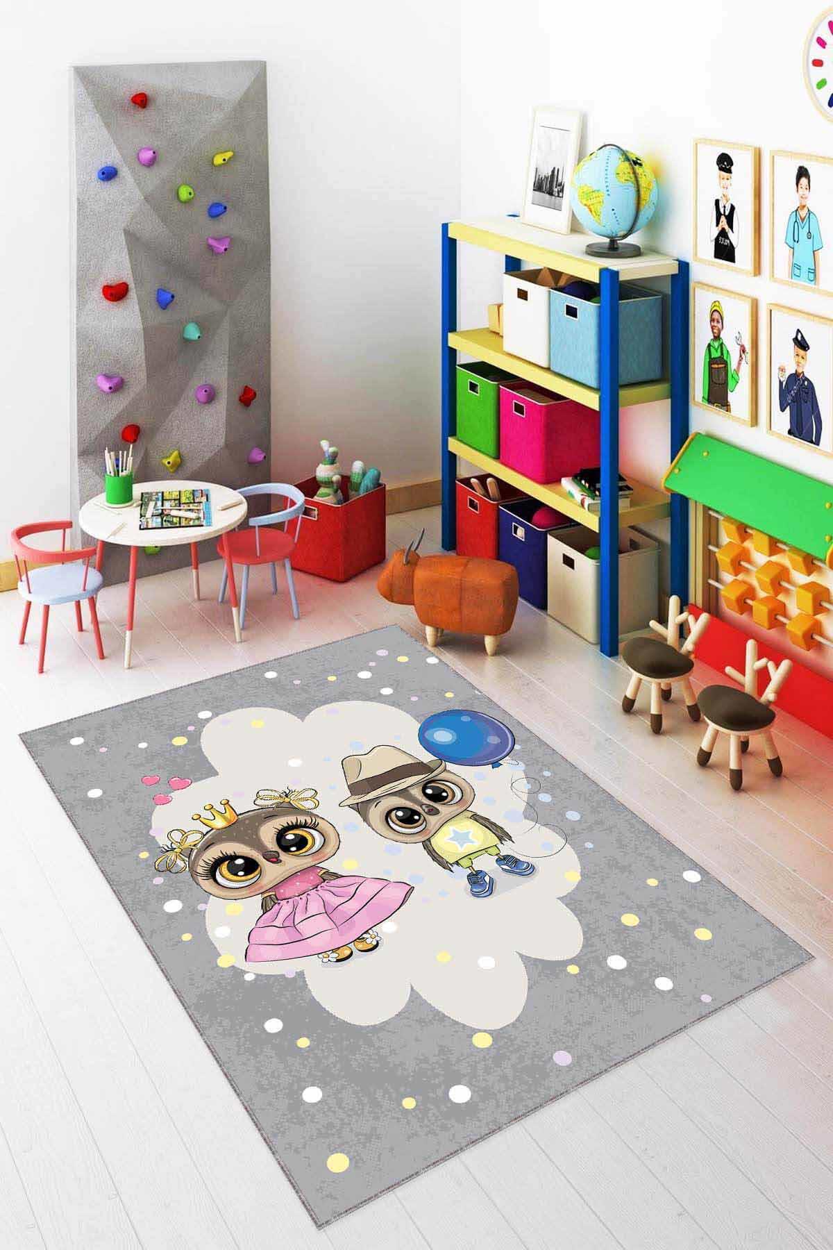 Viva Home AR1119 Gri 7 mm Mikropolyester Toz Tutmaz Yıkanabilir İnce Kaymaz Dot Taban Dikdörtgen Makine Dokuma Çocuk Odası Halısı 240x340 cm