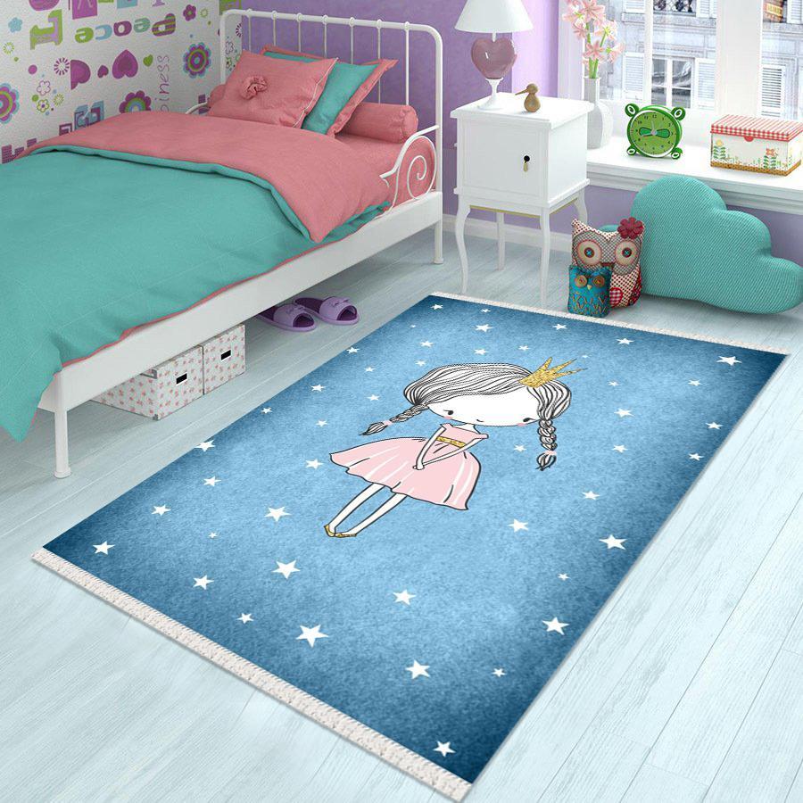 Halı Furyası Mavi 6 mm Antibakteriyel Yıkanabilir Kalın Kaymaz Taban Dikdörtgen Makine Dokuma Çocuk Odası Halısı 80x150 cm