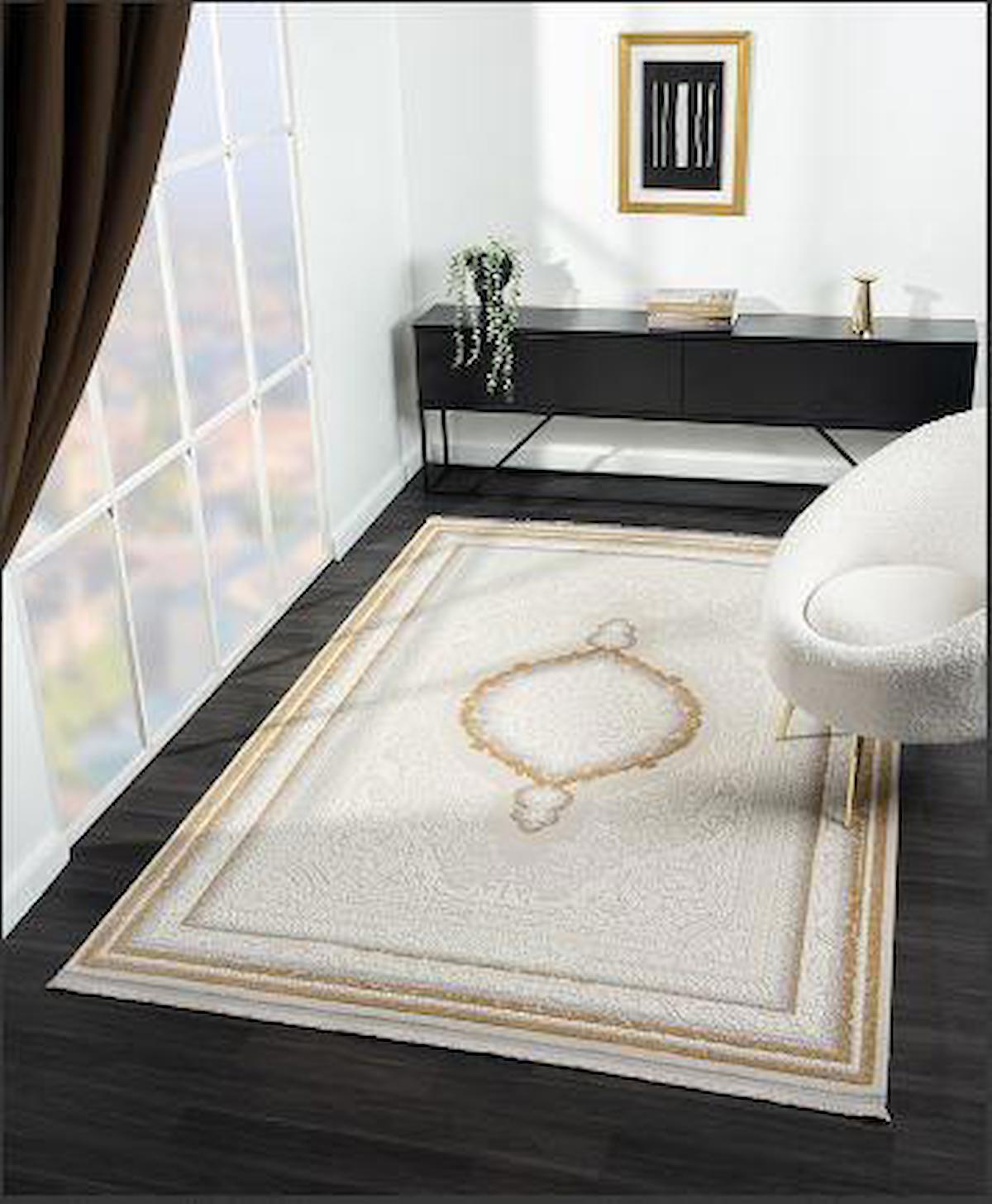 Çam Halı Crown FL001S Altın 12 mm Akrilik Yıkanabilir Orta Dikdörtgen Makine Dokuma Salon Halısı 100x300 cm