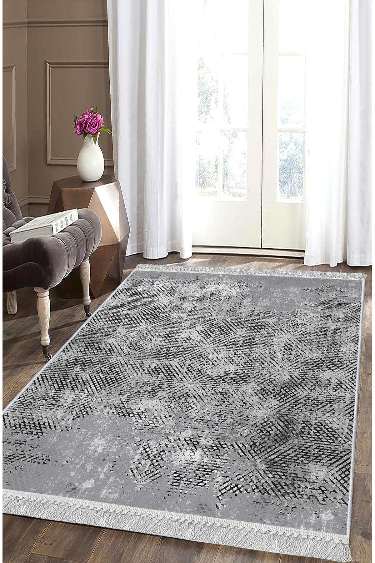 Artizon ART043 Gri 0.8 mm Polyester Toz Tutmaz Yıkanabilir İnce Kaymaz Dot Taban Dikdörtgen Makine Dokuma Salon Halısı 120x180 cm
