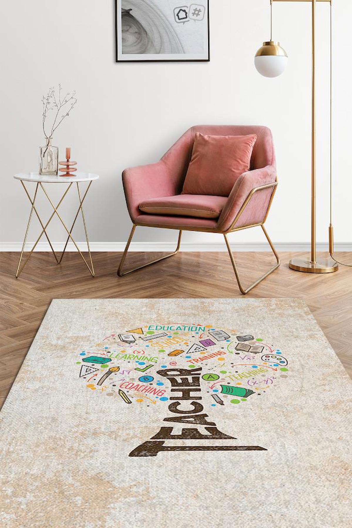 Homshtag Öğretmen Ağacı Krem 4 mm Pamuk Antistatik Yıkanabilir İnce Kaymaz Dikdörtgen Makine Dokuma Çalışma Odası Halısı 160x600 cm