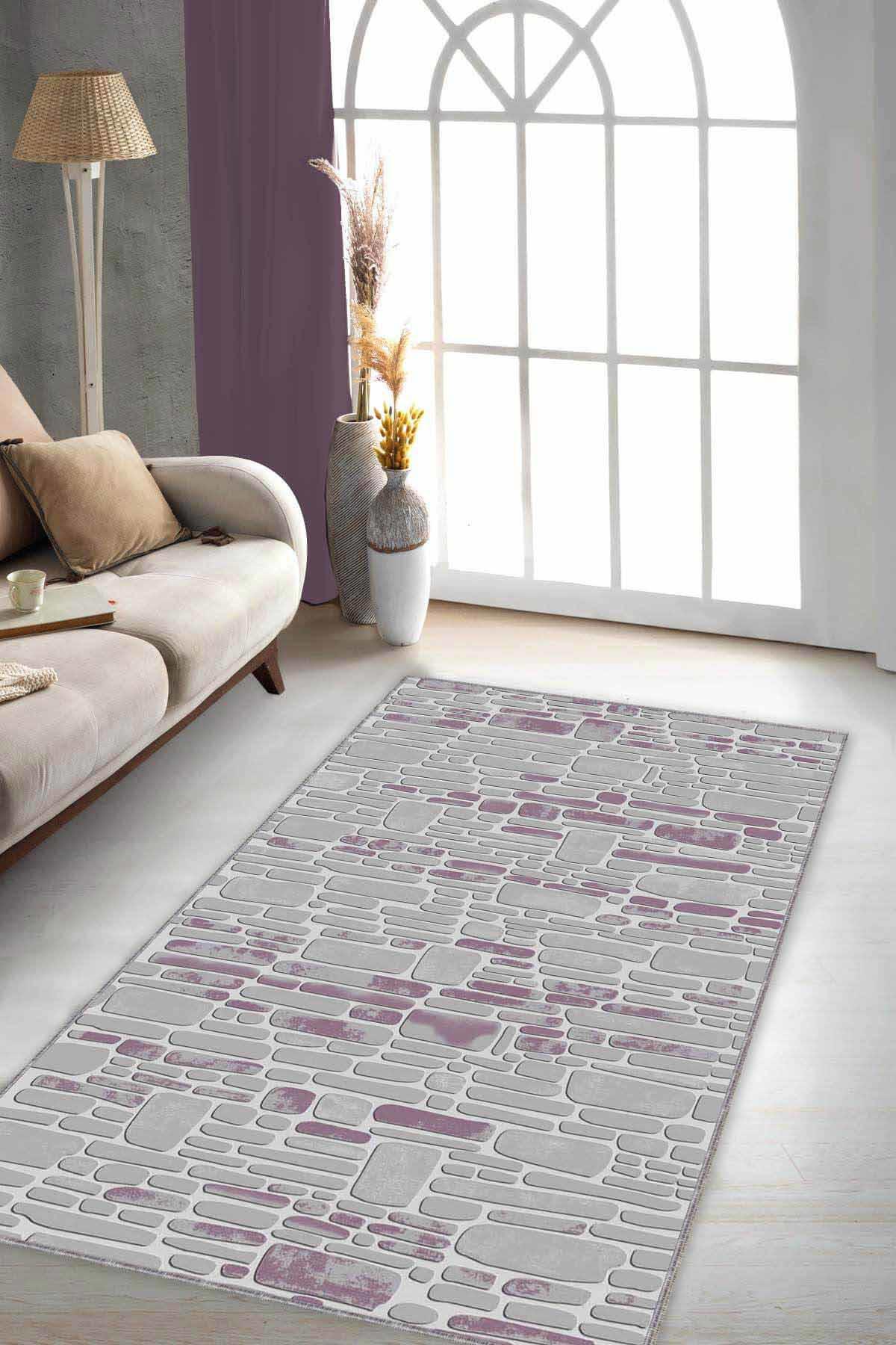 Viva Home RO08 Pembe 7 mm Mikropolyester Leke Tutmaz Yıkanabilir İnce Kaymaz Dot Taban Dikdörtgen Makine Dokuma Salon Halısı 100x200 cm