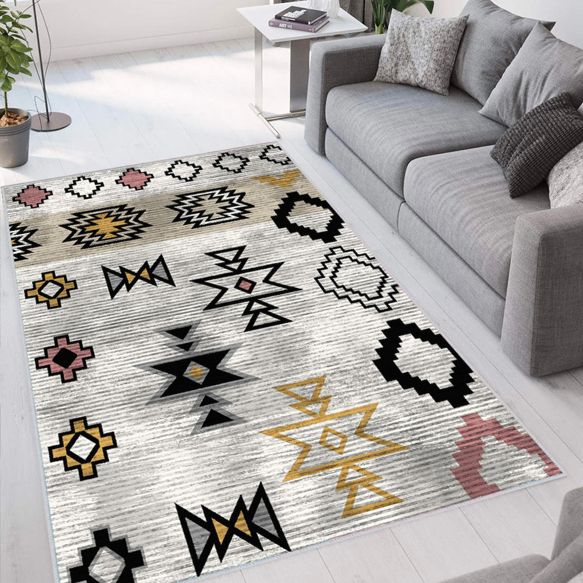 Rovigo Home RVG1664 Gri 8 mm Polyester Antibakteriyel-Leke Tutmaz-Toz Tutmaz Yıkanabilir İnce Kaymaz Dot Taban Dikdörtgen Makine Dokuma Salon Halısı 120x250 cm