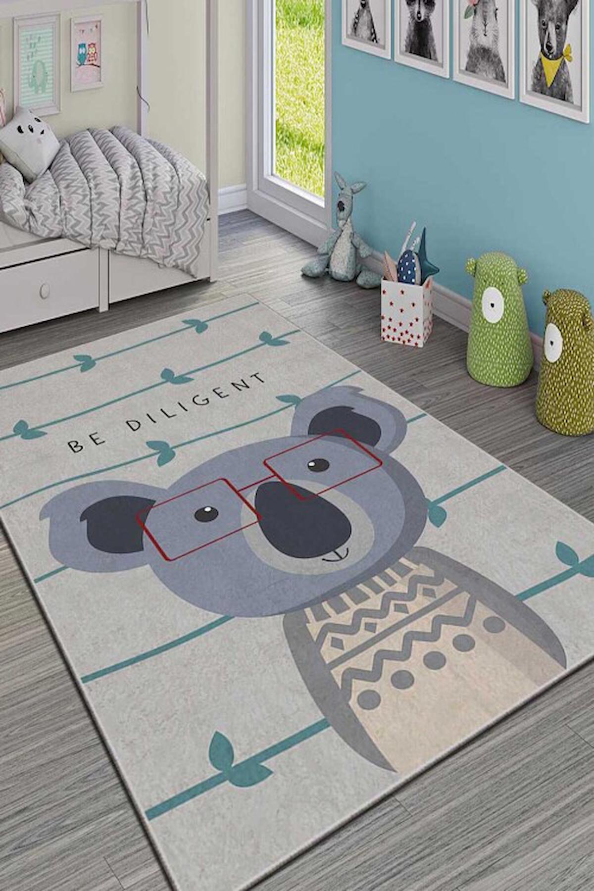 Homefesto Krem 5 mm Polyester Leke Tutmaz Yıkanabilir İnce Kaymaz Taban Hayvan Desenli Dikdörtgen Makine Dokuma Çocuk Odası Halısı 100x300 cm