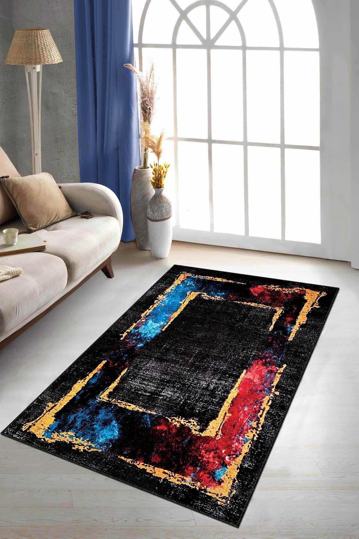 Viva Home AR687 Kırmızı - Mavi 7 mm Mikropolyester Yıkanabilir Kaymaz Taban Dikdörtgen Makine Dokuma Halı 120x180 cm