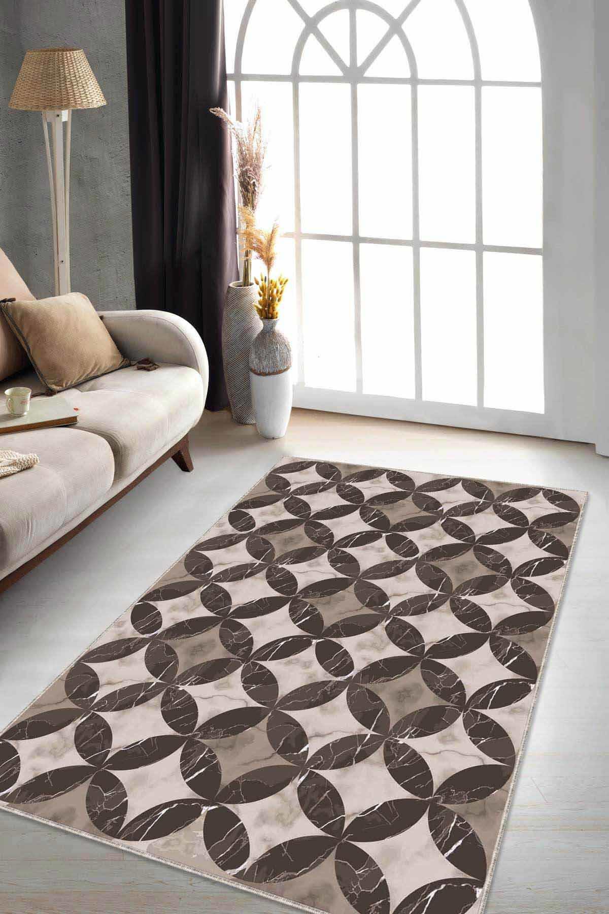 Viva Home RV135 Bej 7 mm Mikropolyester Leke Tutmaz Yıkanabilir İnce Kaymaz Dot Taban Dikdörtgen Makine Dokuma Salon Halısı 100x150 cm