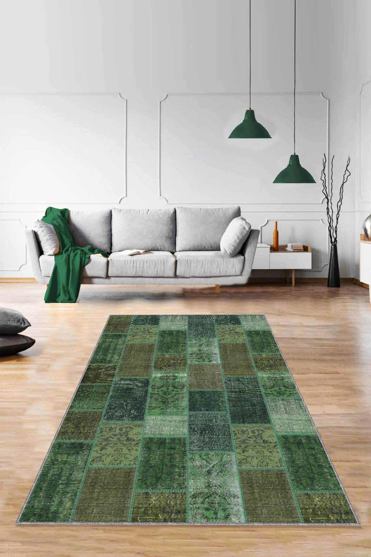 Viva Home RV226 Yeşil 7 mm Mikropolyester Yalıtıma Yardımcı Yıkanabilir İnce Kaymaz Taban Dikdörtgen Makine Dokuma Antre-Salon-Yatak Odası Halısı 60x100 cm