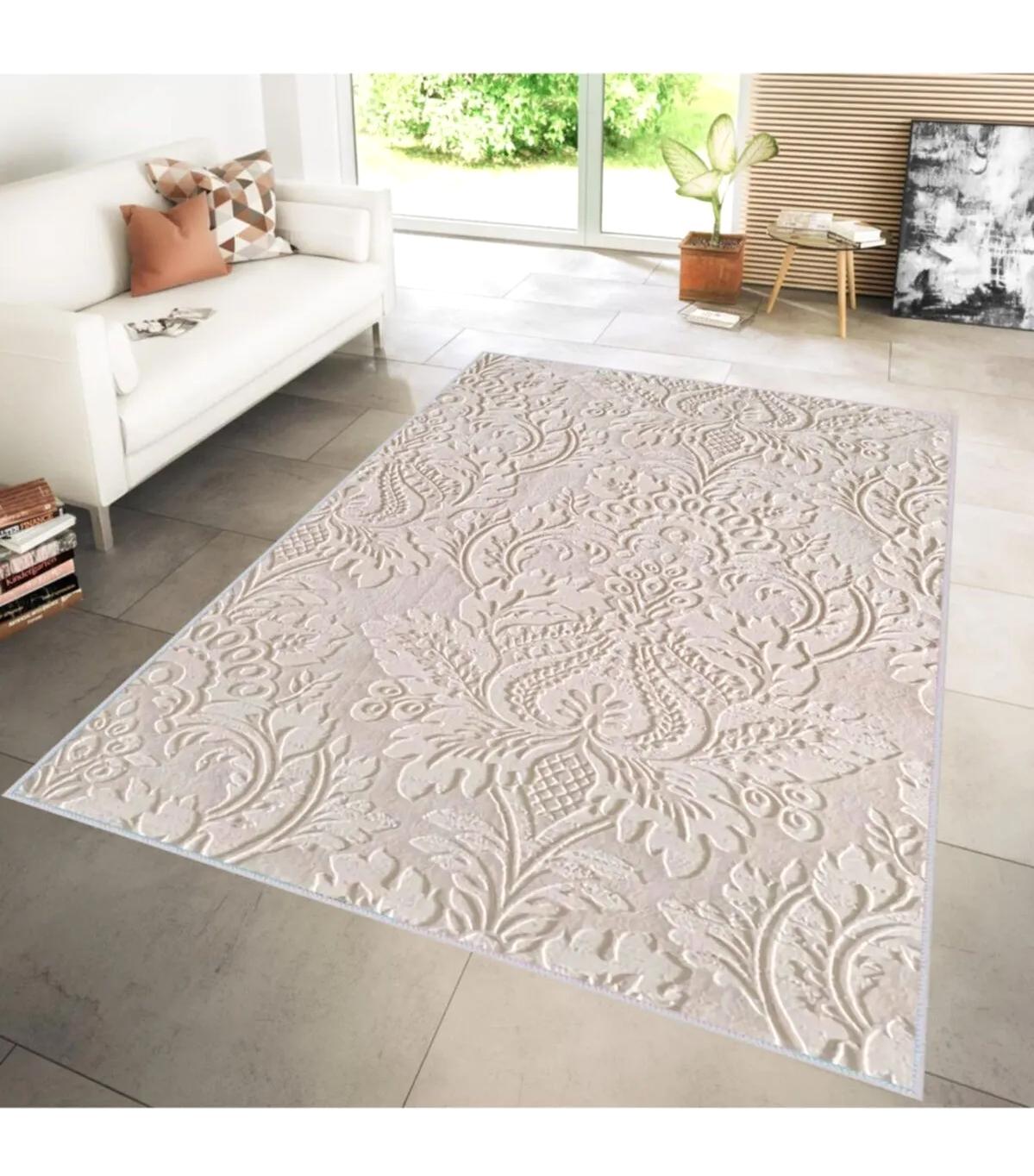 Rovigo Home RVG1280 Krem 8 mm Polyester Leke Tutmaz-Toz Tutmaz Yıkanabilir İnce Kaymaz Dot Taban Dikdörtgen Makine Dokuma Salon Halısı 200x200 cm