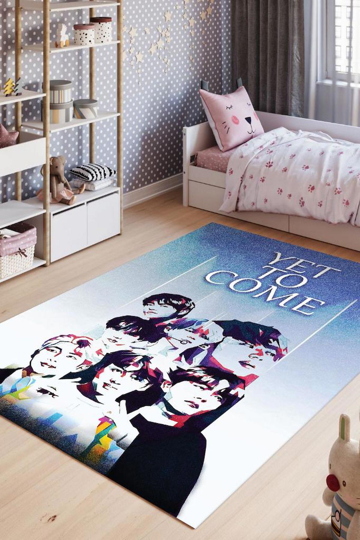 Homshtag BTS Krem 4 mm Pamuk Antistatik Yıkanabilir İnce Kaymaz Dikdörtgen Makine Dokuma Genç Odası Halısı 200x300 cm