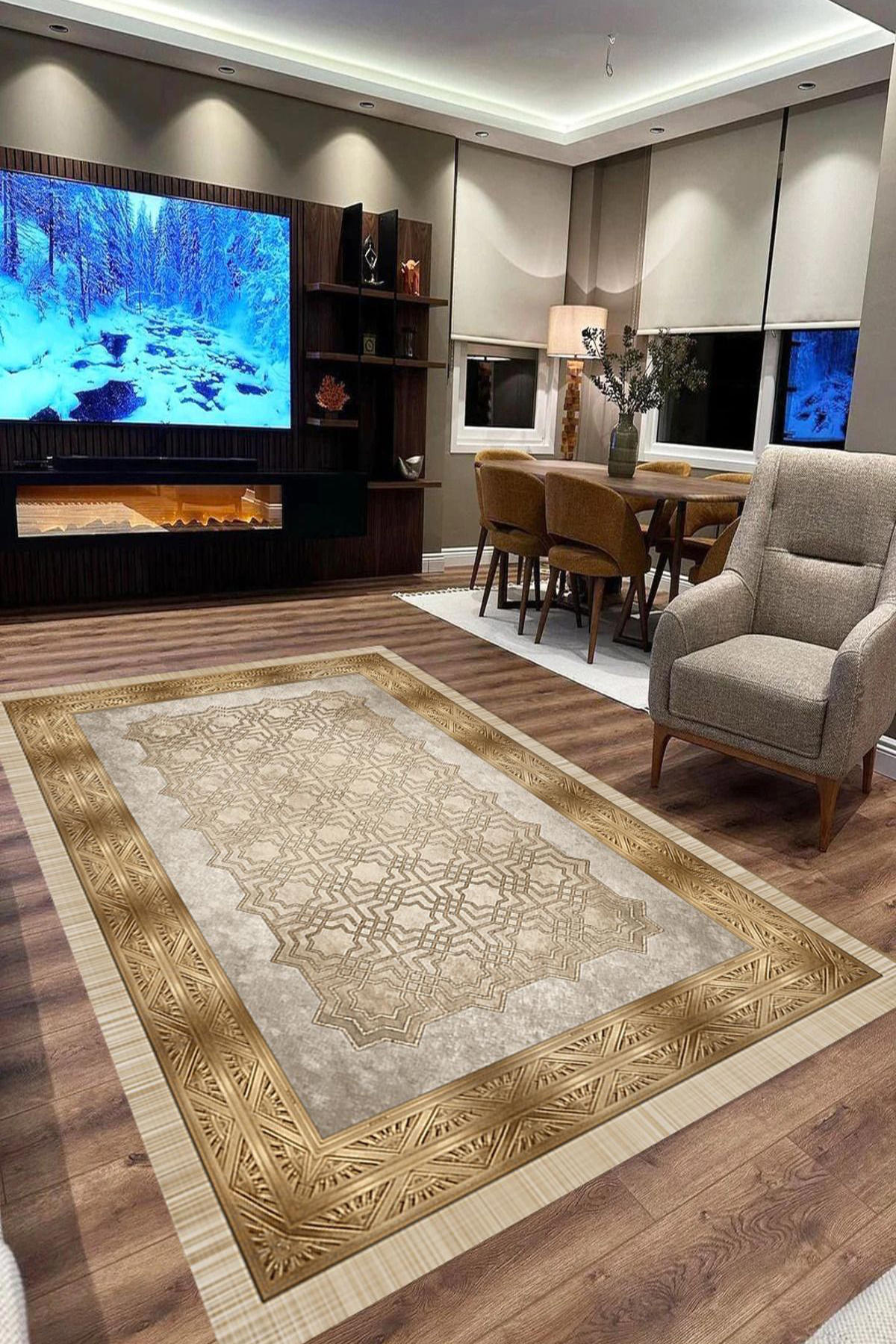Aldora B1328 Altın - Vizon 9 mm Deri Antibakteriyel Yıkanabilir İnce Kaymaz Deri Taban Dikdörtgen Makine Dokuma Salon Halısı 120x180 cm