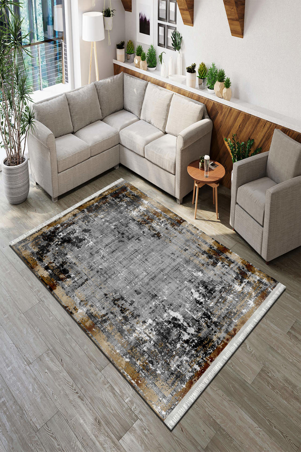 Roslyn Home Antrasit 6 mm Polyester Toz Tutmaz Yıkanabilir İnce Kaymaz Dot Taban Dikdörtgen Makine Dokuma Salon Halısı 80x150 cm