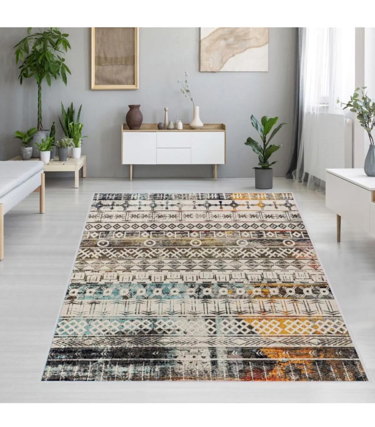 Rovigo Home RVG1266 Çok Renkli 8 mm Polyester Leke Tutmaz-Toz Tutmaz Yıkanabilir İnce Kaymaz Dot Taban Dikdörtgen Makine Dokuma Salon Halısı 100x200 cm