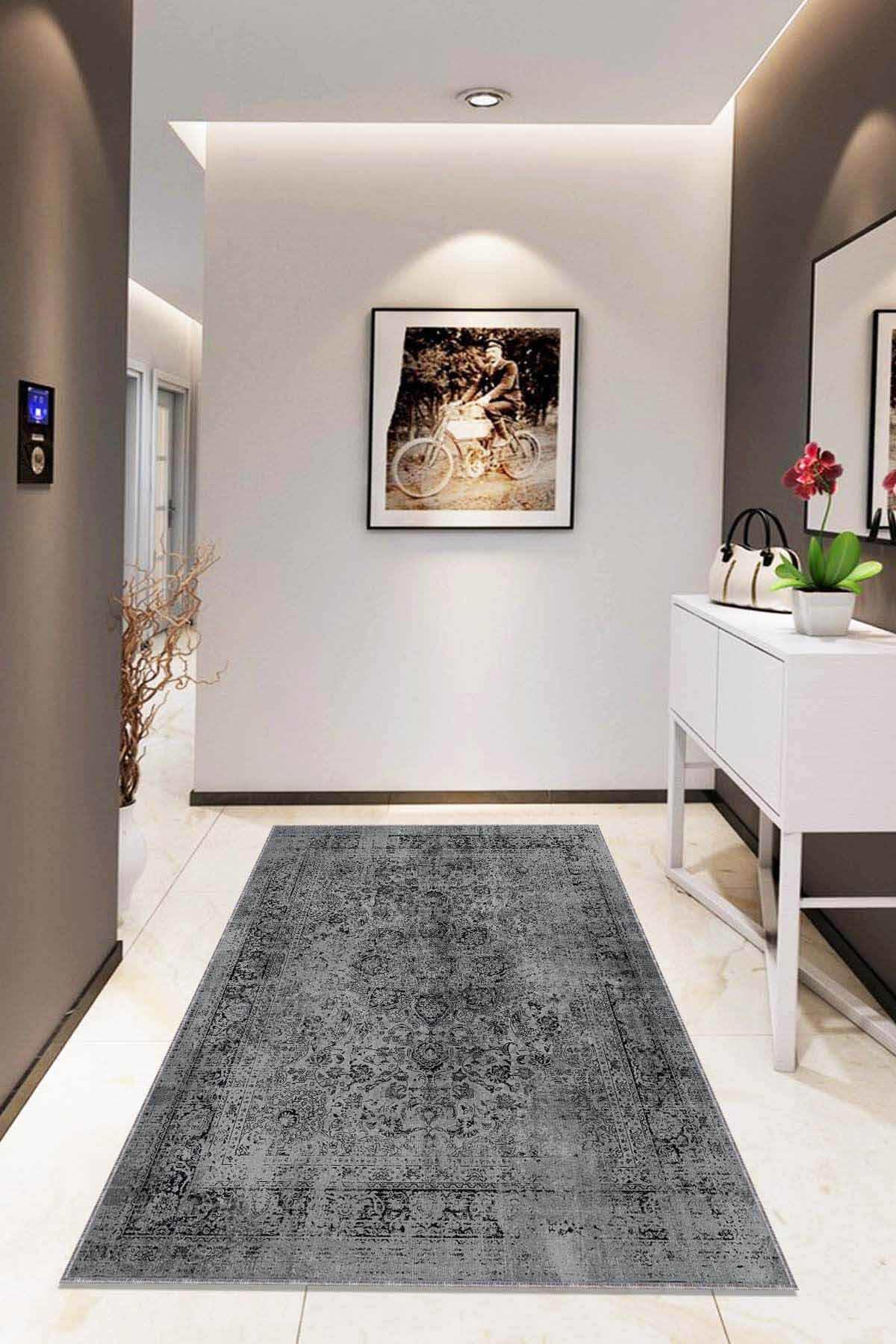Viva Home RV277 Gri 7 mm Mikropolyester Toz Tutmaz Yıkanabilir İnce Kaymaz Dot Taban Dikdörtgen Makine Dokuma Salon Halısı 70x70 cm
