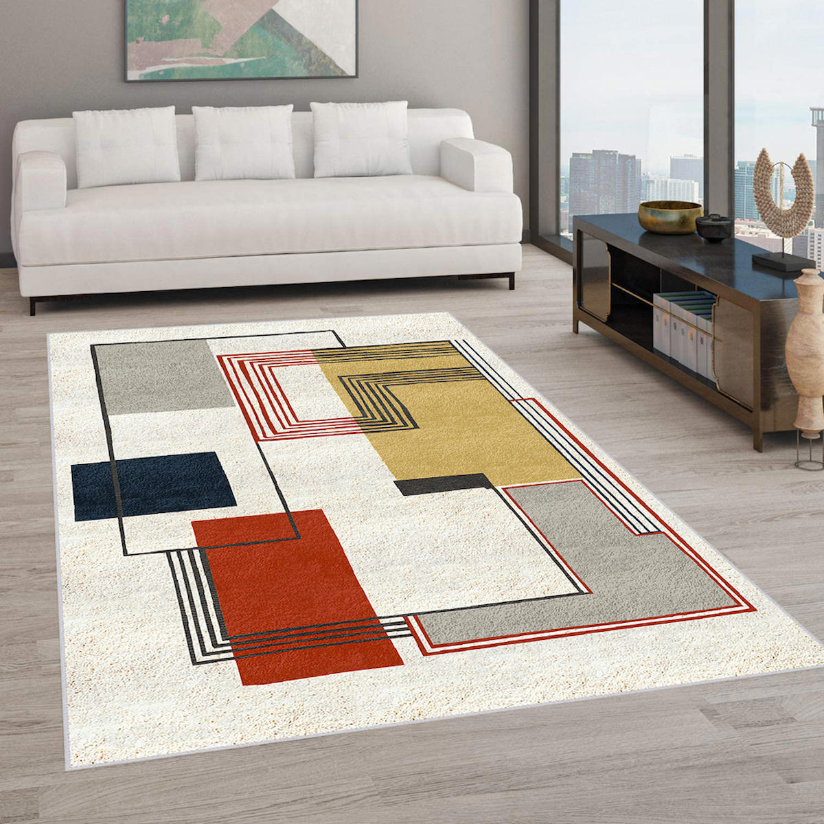 Rovigo Home RVG0584 Çok Renkli 8 mm Polyester Antibakteriyel-Leke Tutmaz-Toz Tutmaz Yıkanabilir İnce Kaymaz Dot Taban Dikdörtgen Makine Dokuma Salon Halısı 120x200 cm