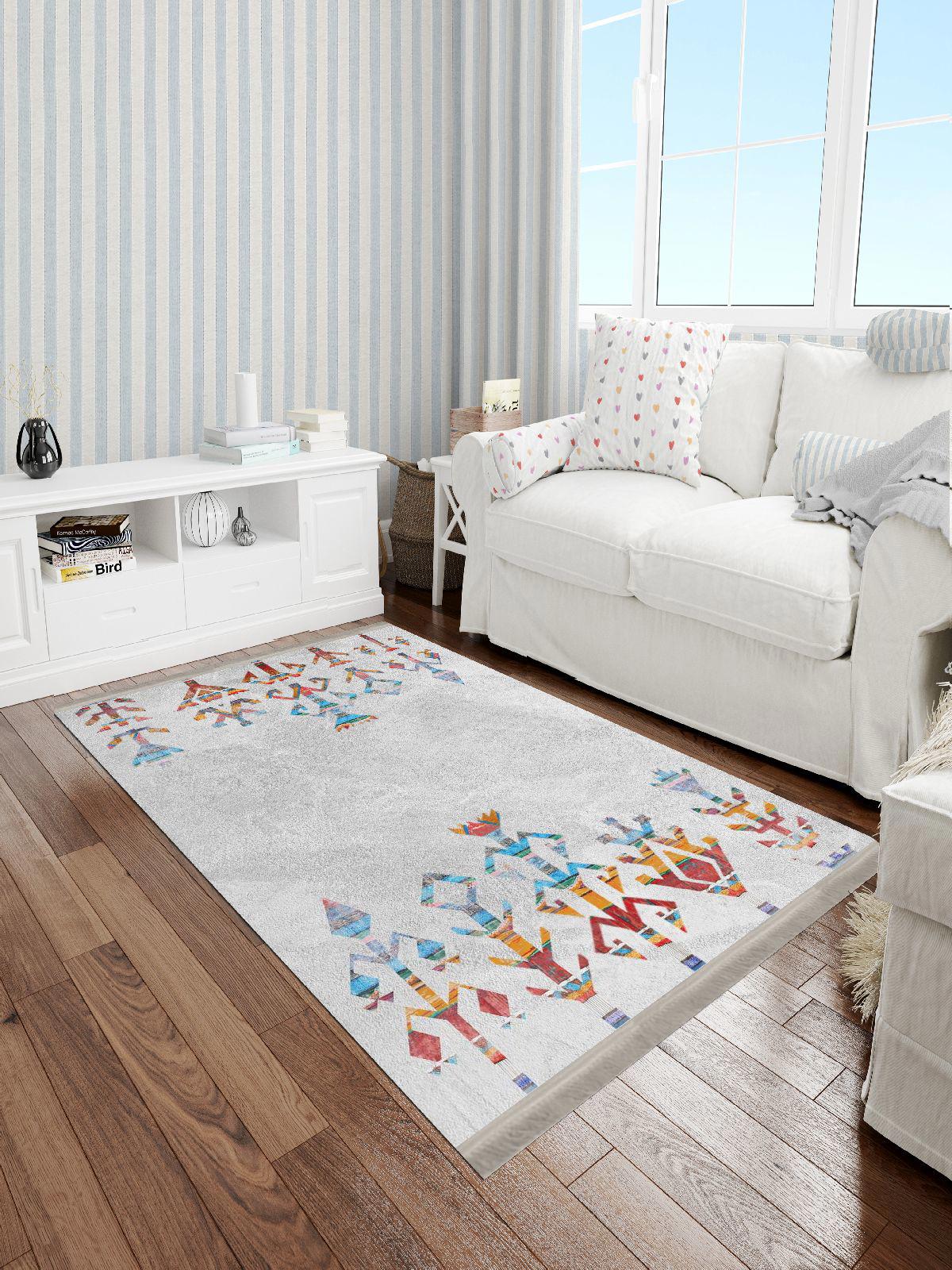 Enbe Collection E-OT4212A Çok Renkli 5 mm Pamuk Antibakteriyel Yıkanabilir Orta Kaymaz Dot Taban Dikdörtgen Makine Dokuma Oturma Odası Halısı 80x120 cm