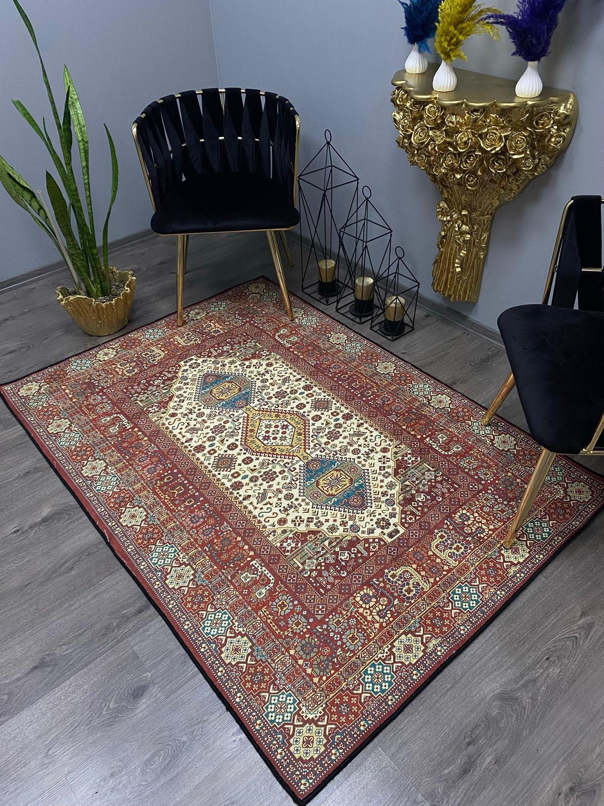 Halı Furyası Harem Krem 8 mm Polyester Antibakteriyel Yıkanabilir İnce Kaymaz Dikdörtgen Makine Dokuma Salon Halısı 140x230 cm