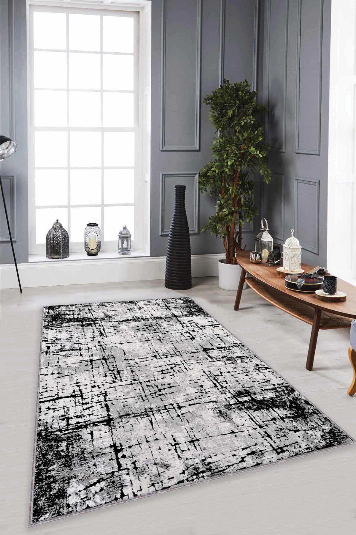 Viva Home RV368 Siyah 7 mm Mikropolyester Antibakteriyel Yıkanabilir İnce Kaymaz Lateks Taban Dikdörtgen Makine Dokuma Salon Halısı 100x300 cm