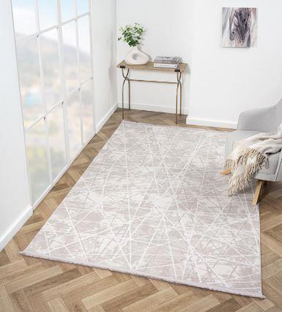 Çam Halı London LY003B Vizon 6 mm Polyester Silinebilir Yıkanabilir Orta Dikdörtgen Makine Dokuma Salon Halısı 180x180 cm