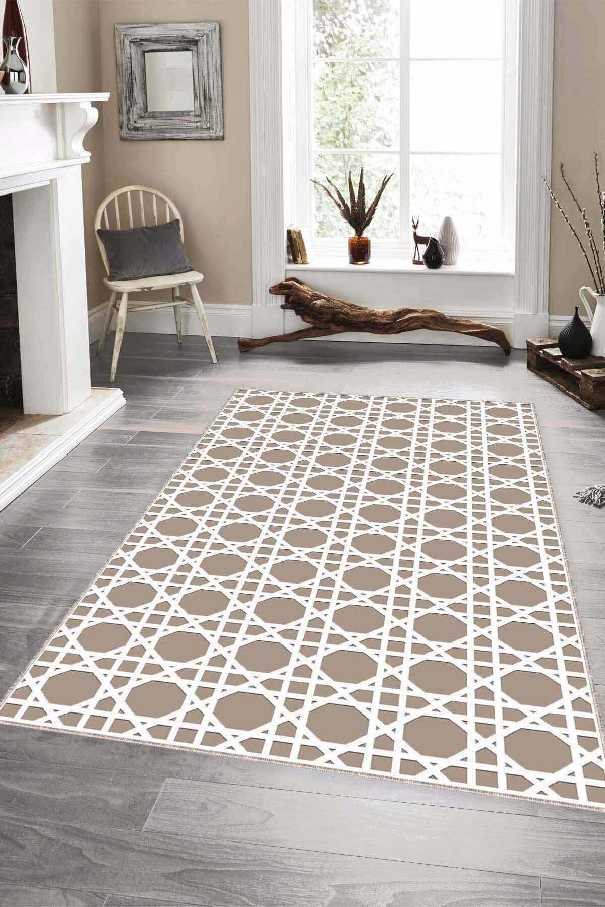 Viva Home LB004 Bej 7 mm Mikropolyester Leke Tutmaz Yıkanabilir İnce Kaymaz Dot Taban Dikdörtgen Makine Dokuma Salon Halısı 80x150 cm