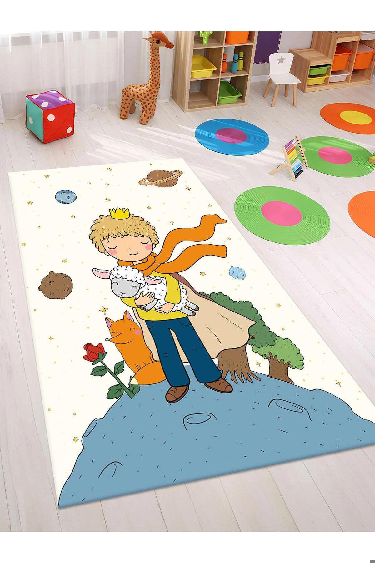 İnspira Krem 12 mm Polyester Leke Tutmaz Yıkanabilir İnce Kaymaz Taban Dikdörtgen Makine Dokuma Çocuk Odası Halısı 80x100 cm