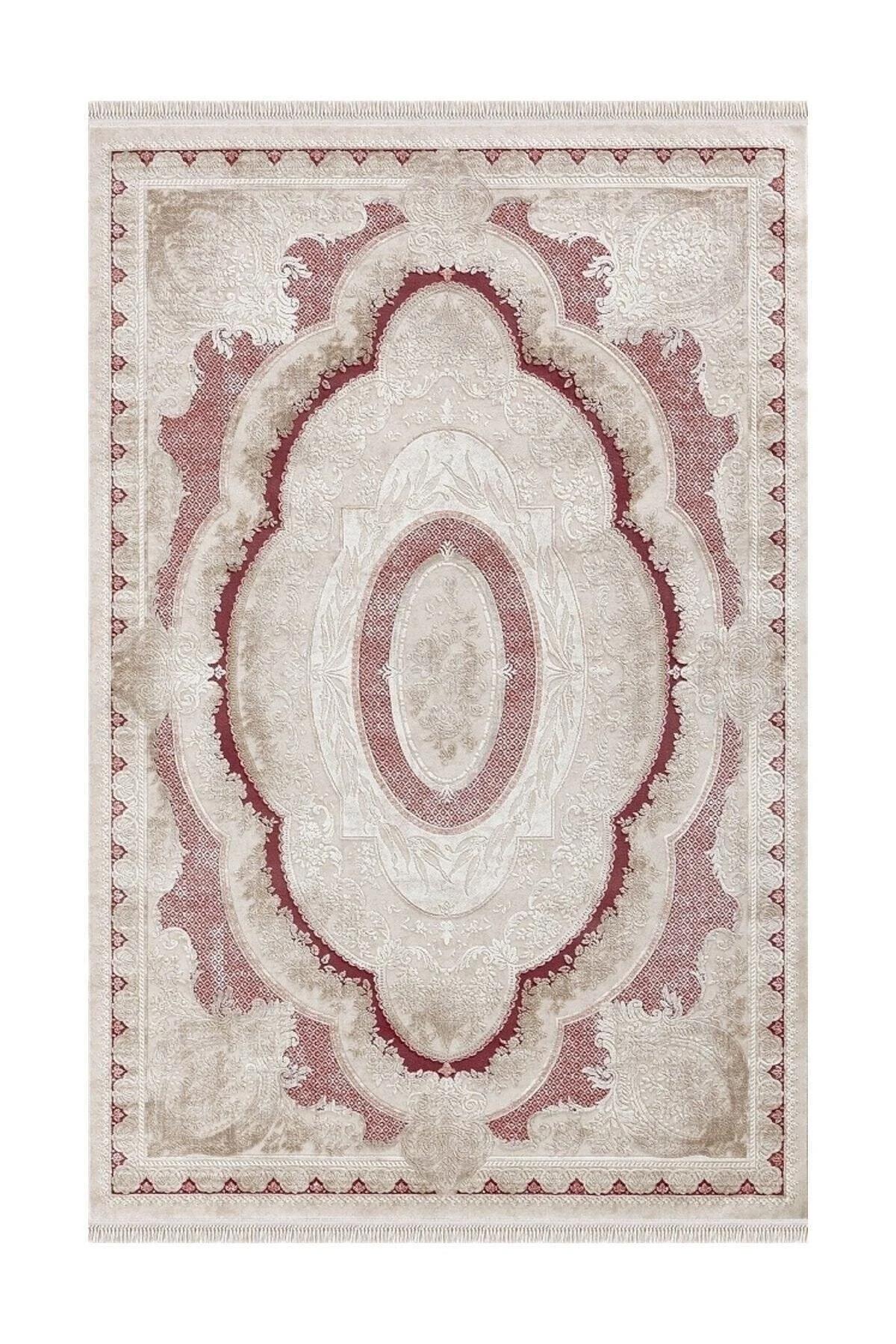 Merinos Rodin 19774 Bej-Pembe Mikropolyester Yıkanabilir Kalın Kaymaz Lateks Taban Dikdörtgen Makine Dokuma Salon Halısı