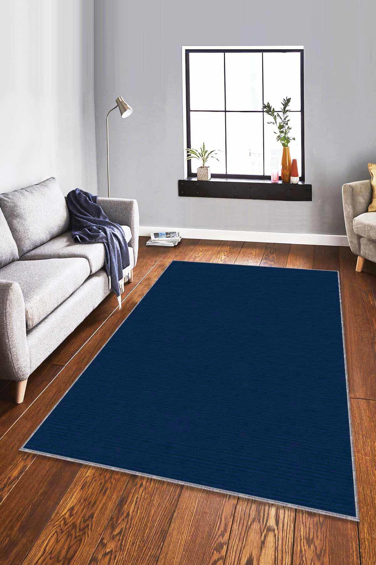 Viva Home RV203 Lacivert 7 mm Mikropolyester Leke tutmaz Yıkanabilir İnce Kaymaz Dot Taban Dikdörtgen Makine Dokuma Salon Halısı 120x200 cm