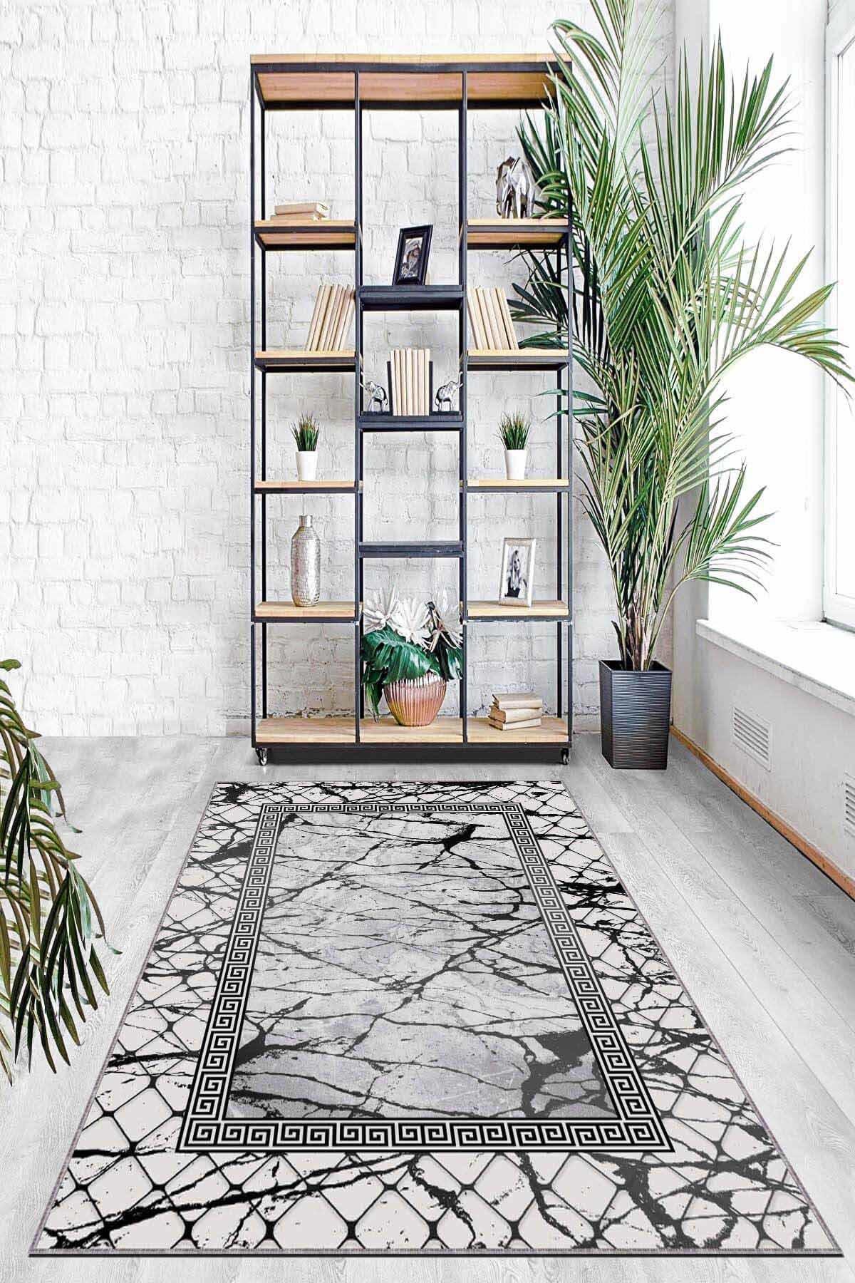 Viva Home AR961 Gri 7 mm Mikropolyester Toz Tutmaz Yıkanabilir İnce Kaymaz Dot Taban Dikdörtgen Makine Dokuma Salon Halısı 100x300 cm