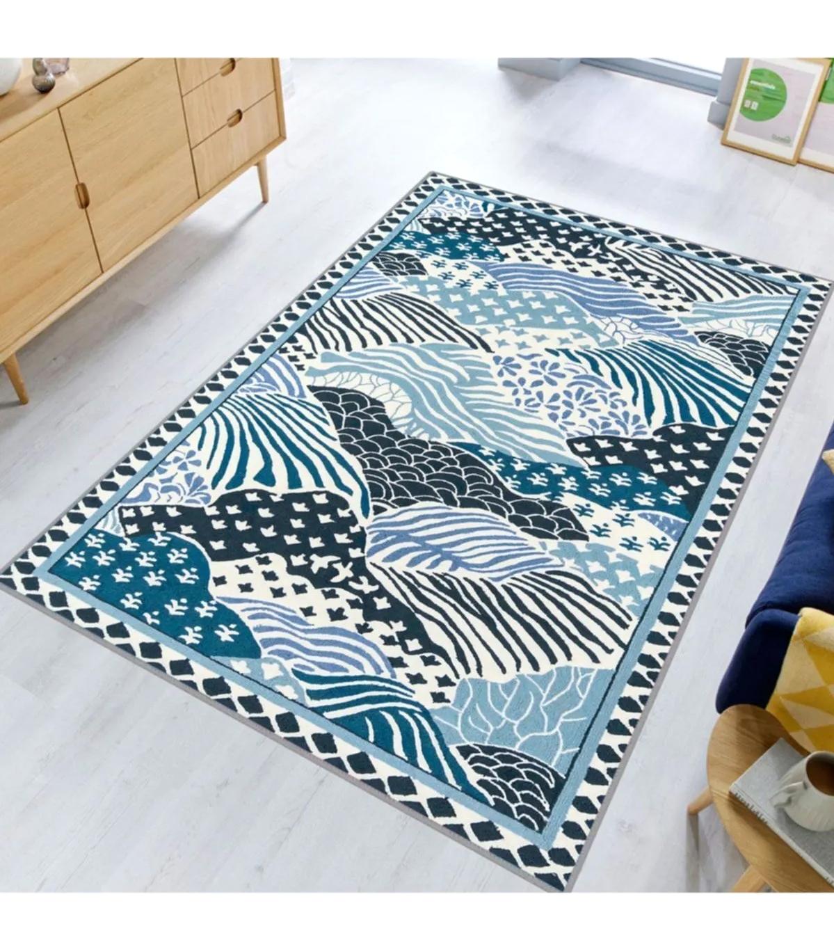 Rovigo Home RVG1802 Beyaz-Mavi 8 mm Polyester Antibakteriyel-Leke Tutmaz-Toz Tutmaz Yıkanabilir İnce Kaymaz Dot Taban Dikdörtgen Makine Dokuma Salon Halısı 160x160 cm