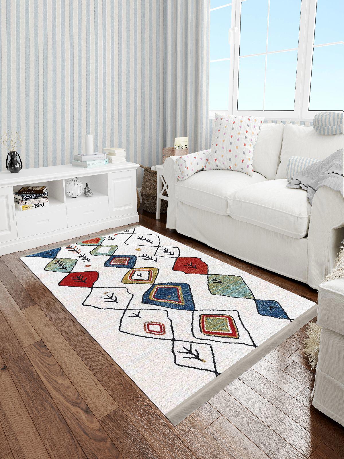 Enbe Collection E-PS6061B Krem 5 mm Pamuk Antibakteriyel Yıkanabilir Orta Kaymaz Dot Taban Dikdörtgen Makine Dokuma Oturma Odası Halısı 80x140 cm