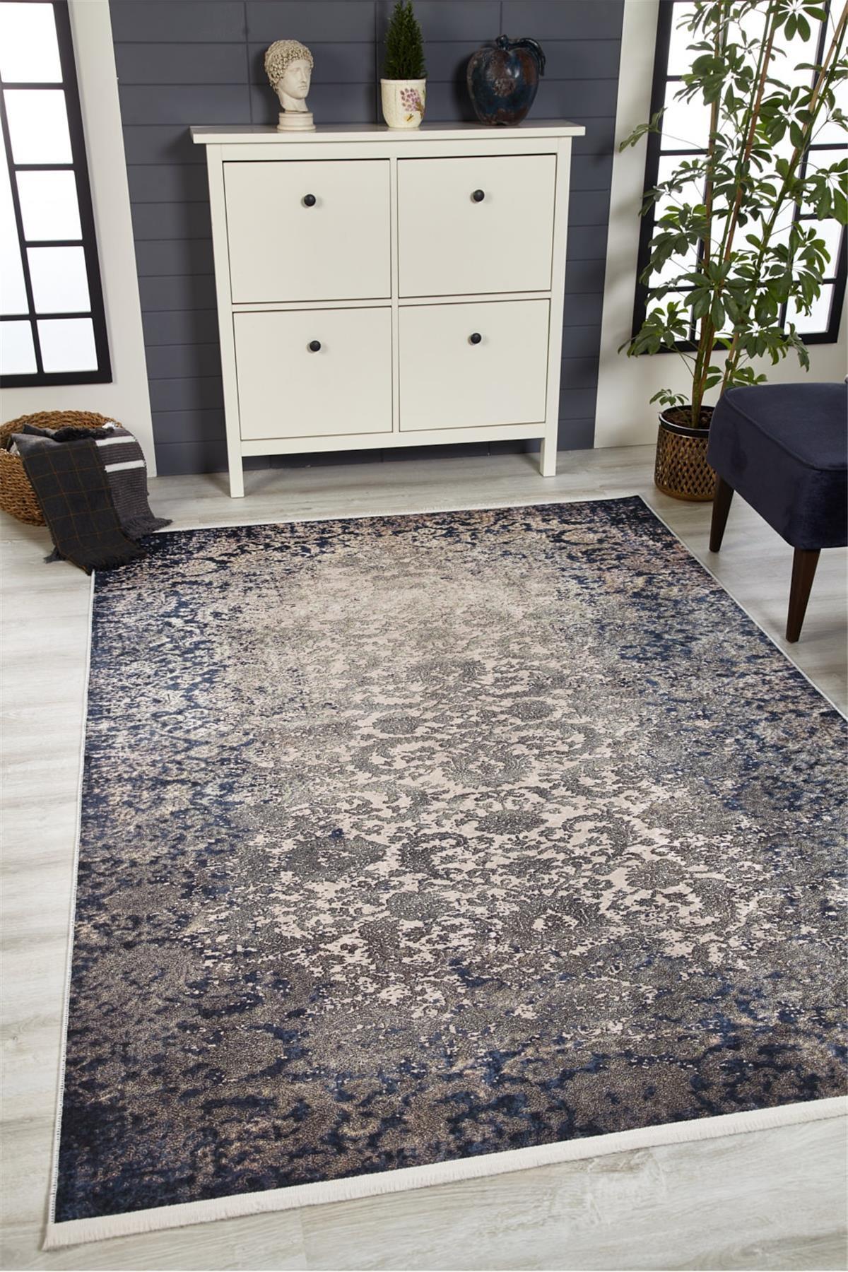 Usso HLN1855 Bej - Mavi 5 mm Pamuk-Polyester Antialerjenik-Antibakteriyel-Toz Tutmaz Yıkanabilir İnce Kaymaz Makine Dokuma Antre-Ofis-Oturma Odası-Salon-Yatak Odası Halısı 100x150 cm