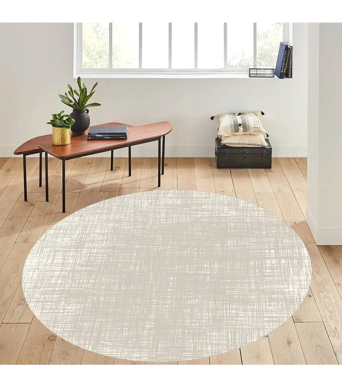 Rovigo Home RVG7291-HS182 Krem 8 mm Polyester Antibakteriyel-Leke Tutmaz-Toz Tutmaz Yıkanabilir İnce Kaymaz Dot Taban Yuvarlak Makine Dokuma Salon Halısı 100x150 cm