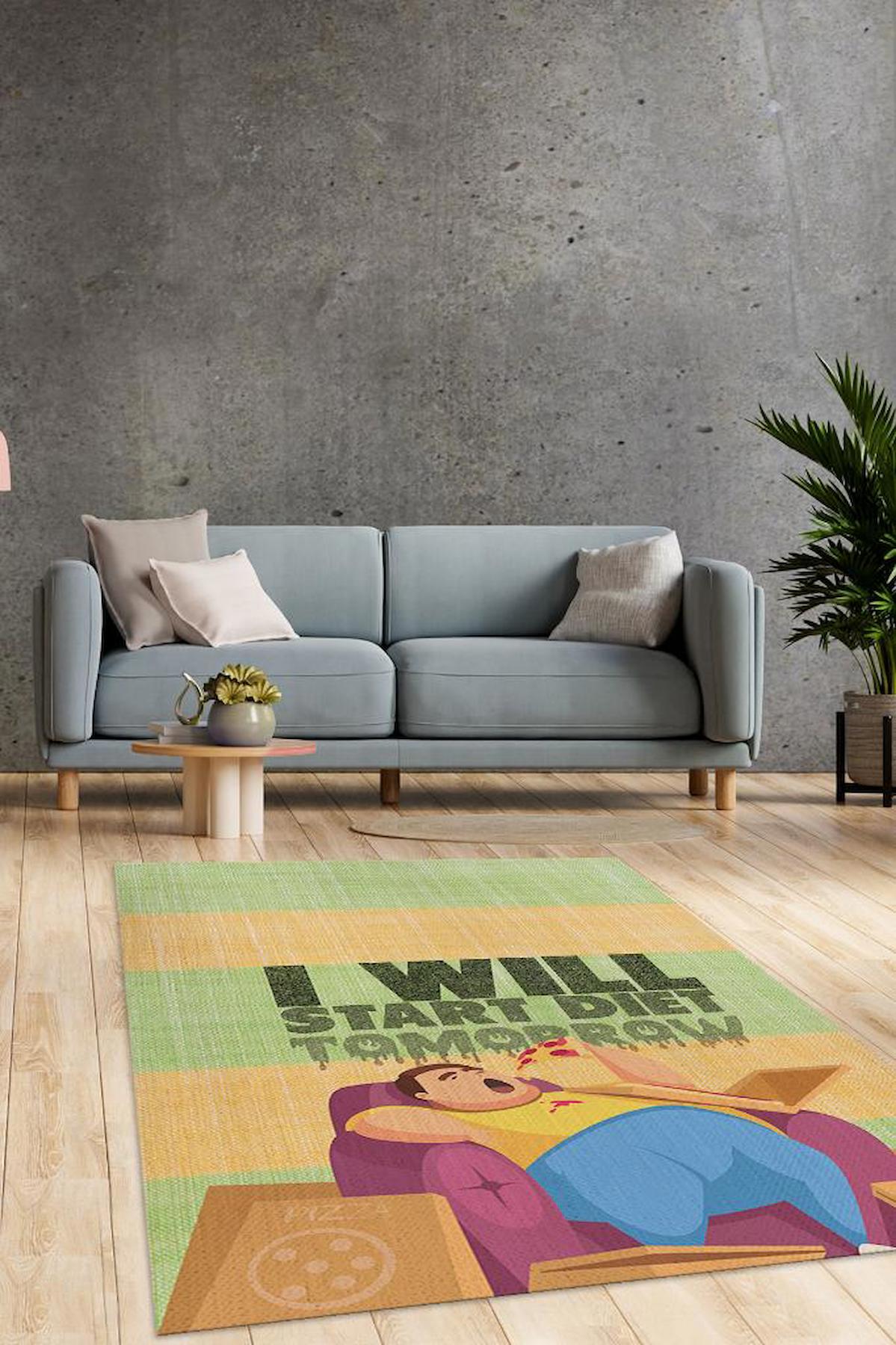 Homshtag Erteleme Diyete Başlıyorum Krem 4 mm Pamuk Antistatik Yıkanabilir İnce Kaymaz Dikdörtgen Makine Dokuma Ofis Halısı 80x300 cm