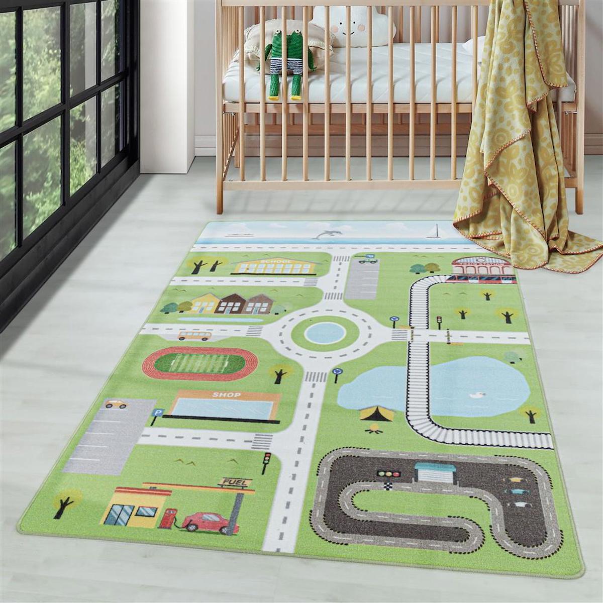 Carpettex Yeşil 8 mm Polipropilen Antibakteriyel Yıkanabilir Orta Kaymaz Jüt Taban Dikdörtgen Makine Dokuma Çocuk Odası Halısı 160x230 cm