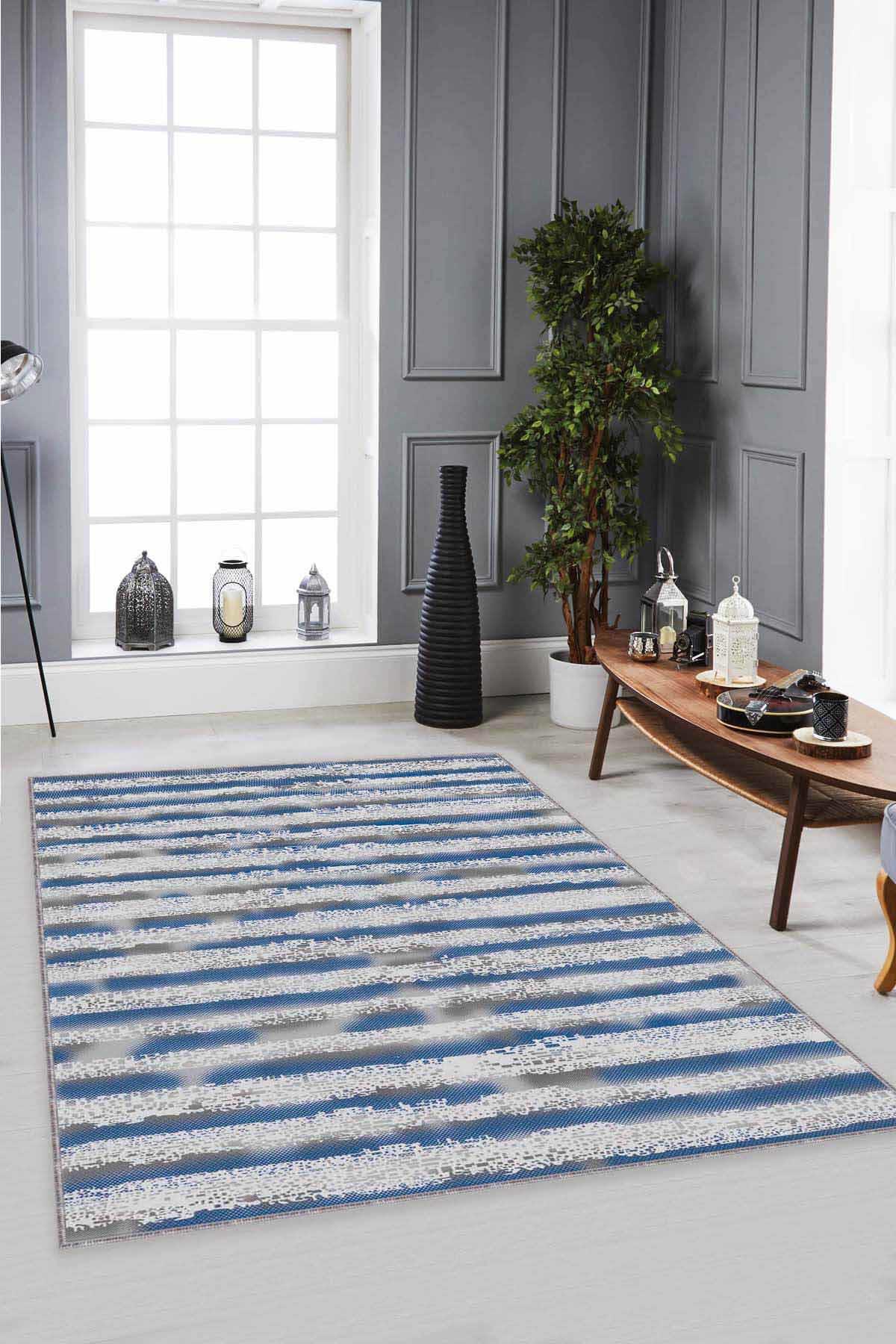 Viva Home FO03 Mavi 7 mm Mikropolyester Antialerjenik Yıkanabilir İnce Kaymaz Dikdörtgen Makine Dokuma Salon Halısı 100x300 cm