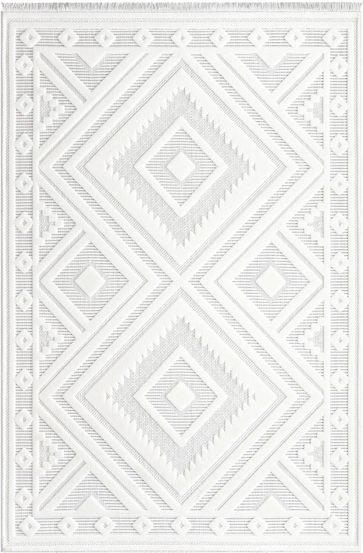İpek Mekik Halı Almond 11415 Beyaz 8 mm Polyester Toz Tutmaz Yıkanabilir Orta Kaymaz Pamuk Taban Geometrik Dikdörtgen Makine Dokuma Antre-Çocuk Odası-Salon-Yatak Odası Halısı 100x300 cm