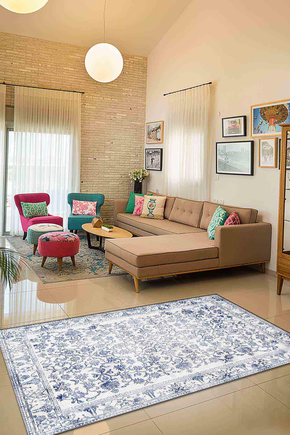 Latte Dizayn Azulejo Krem 0.5 mm Pamuk Yıkanabilir İnce Kaymaz Jüt Taban Dikdörtgen Makine Dokuma Salon Halısı 100x150 cm