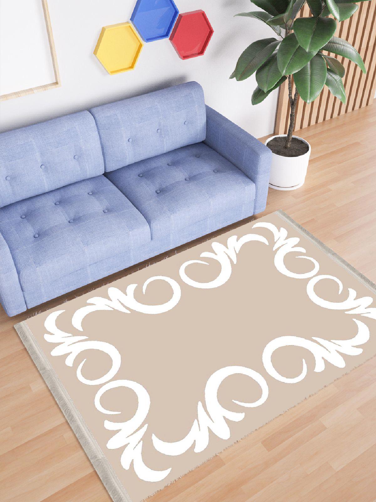 Enbe Collection E-MD0049K Beyaz Kahverengi 5 mm Pamuk Antibakteriyel Yıkanabilir Orta Kaymaz Dot Taban Dikdörtgen Makine Dokuma Oturma Odası Halısı 160x230 cm