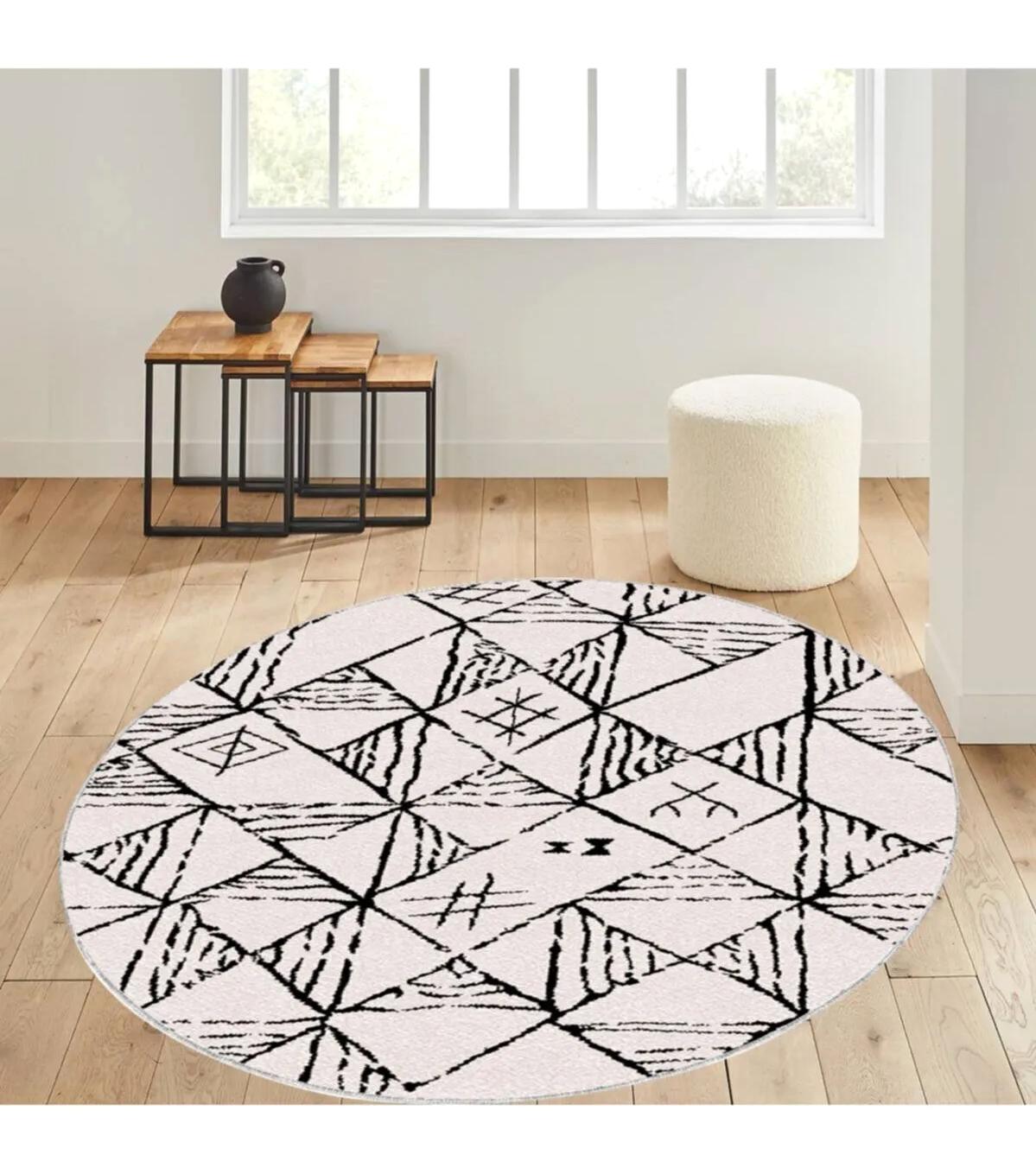 Rovigo Home RVG7104 Krem 8 mm Polyester Antibakteriyel-Leke Tutmaz-Toz Tutmaz Yıkanabilir İnce Kaymaz Dot Taban Yuvarlak Makine Dokuma Salon Halısı 120x180 cm