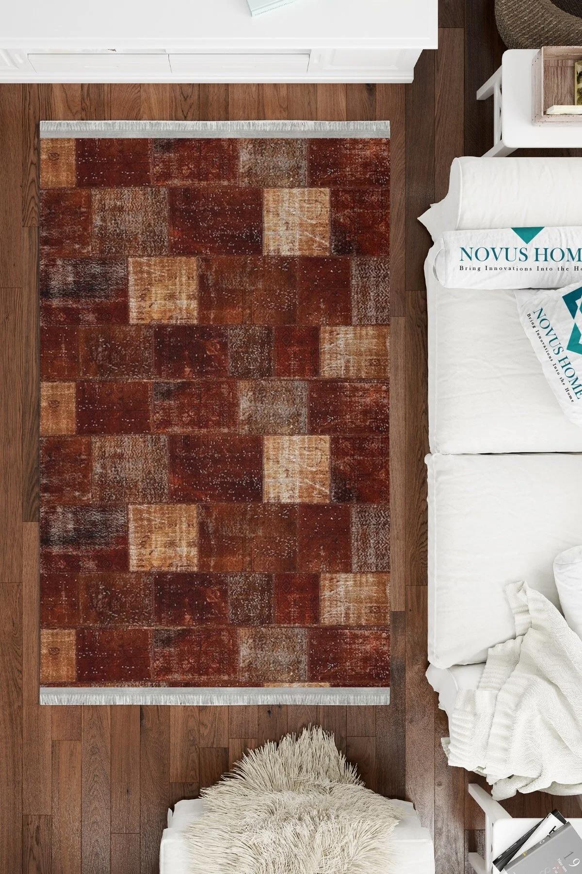 Novus Home Cotton Serisi Kahverengi 5 mm Pamuk Antibakteriyel-Toz Tutmaz-Yalıtıma Yardımcı Yıkanabilir İnce Kaymaz Taban Yuvarlak Makine Dokuma Antre-Salon-Yatak Odası Halısı 160x230 cm