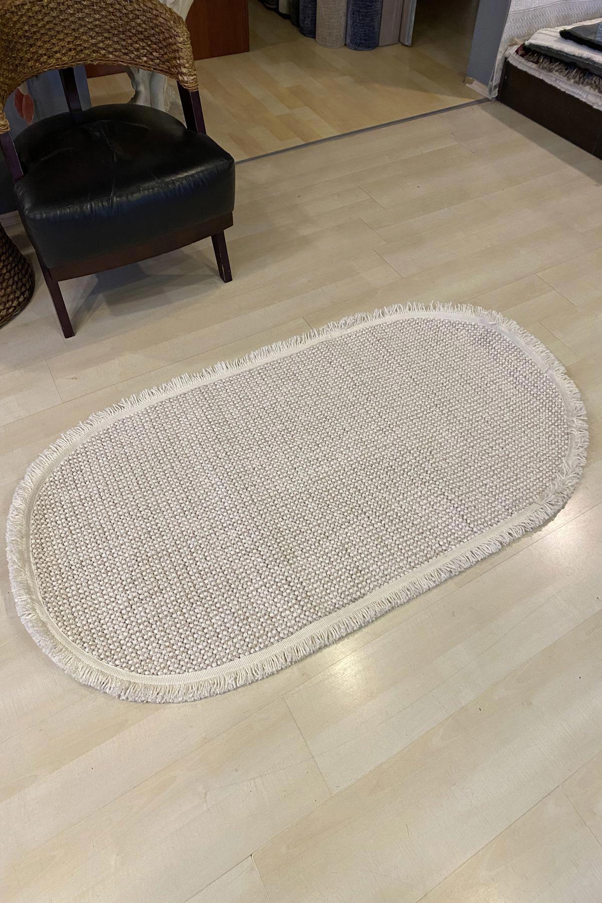 Eko Halı Motto Krem 10 mm Polyester Silinebilir Yıkanabilir Orta Kaymaz Oval Makine Dokuma Oturma Odası-Salon Halısı 100x200 cm