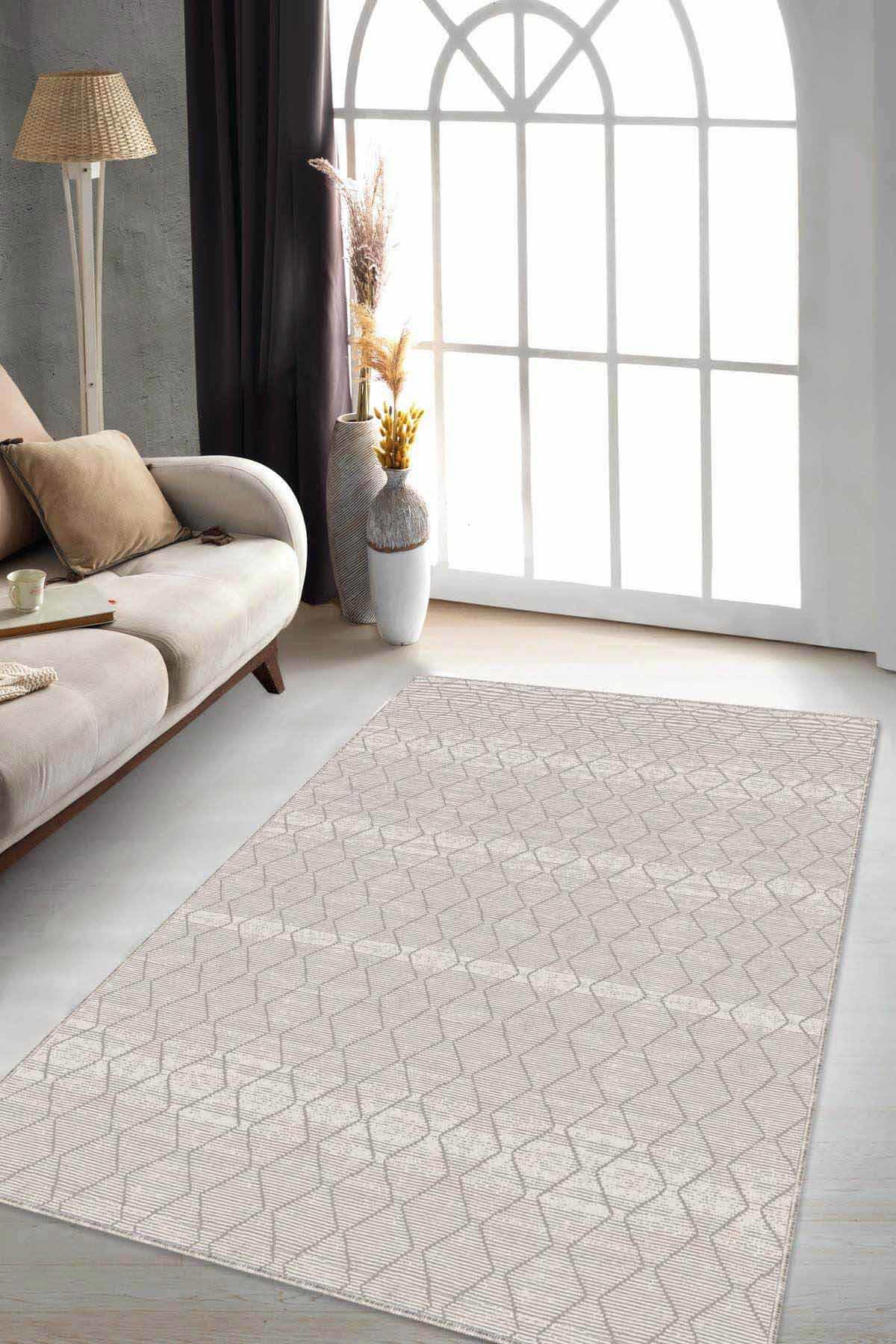 Viva Home RV193 Bej 7 mm Mikropolyester Leke Tutmaz Yıkanabilir İnce Kaymaz Dot Taban Dikdörtgen Makine Dokuma Salon Halısı 120x180 cm