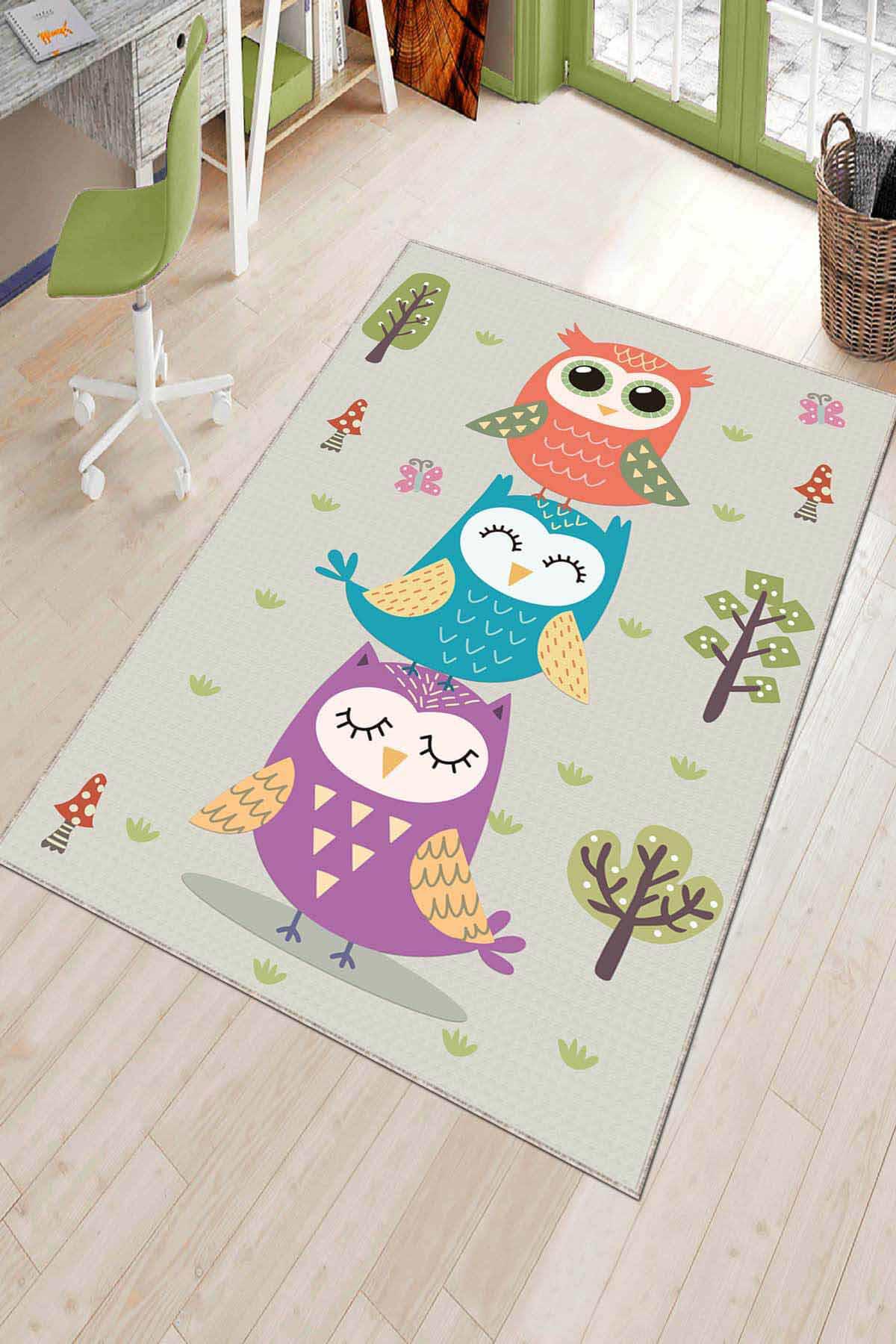Viva Home AR1008 Krem 7 mm Mikropolyester Yalıtıma Yardımcı Yıkanabilir Orta Kaymaz Dot Taban Hayvan Desenli Dikdörtgen Makine Dokuma Çocuk Odası Halısı 133x190 cm
