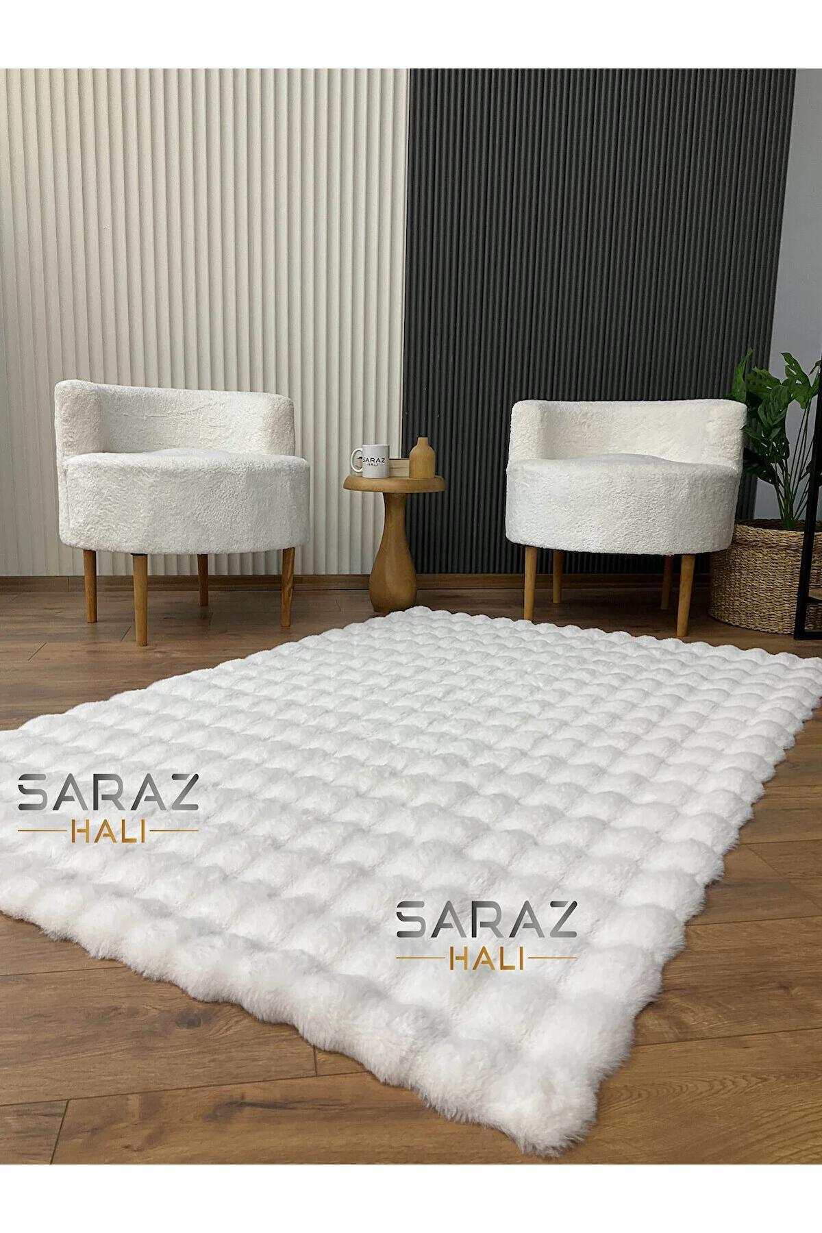 Macro Home Beyaz 12 mm Polyester Leke tutmaz Yıkanabilir İnce Kaymaz Geometrik Dikdörtgen Makine Dokuma Salon Halısı 100x200 cm