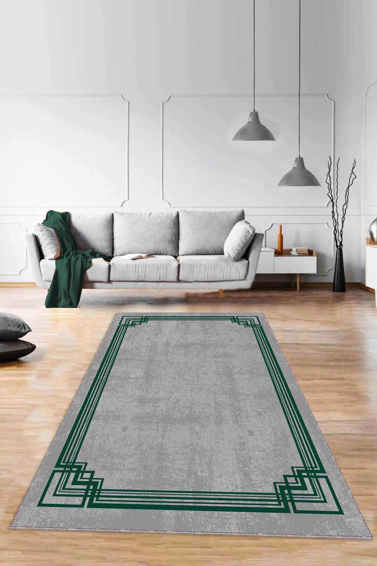 Viva Home RV076 Yeşil 7 mm Mikropolyester Yalıtıma Yardımcı Yıkanabilir İnce Kaymaz Taban Dikdörtgen Makine Dokuma Antre-Salon-Yatak Odası Halısı 80x150 cm