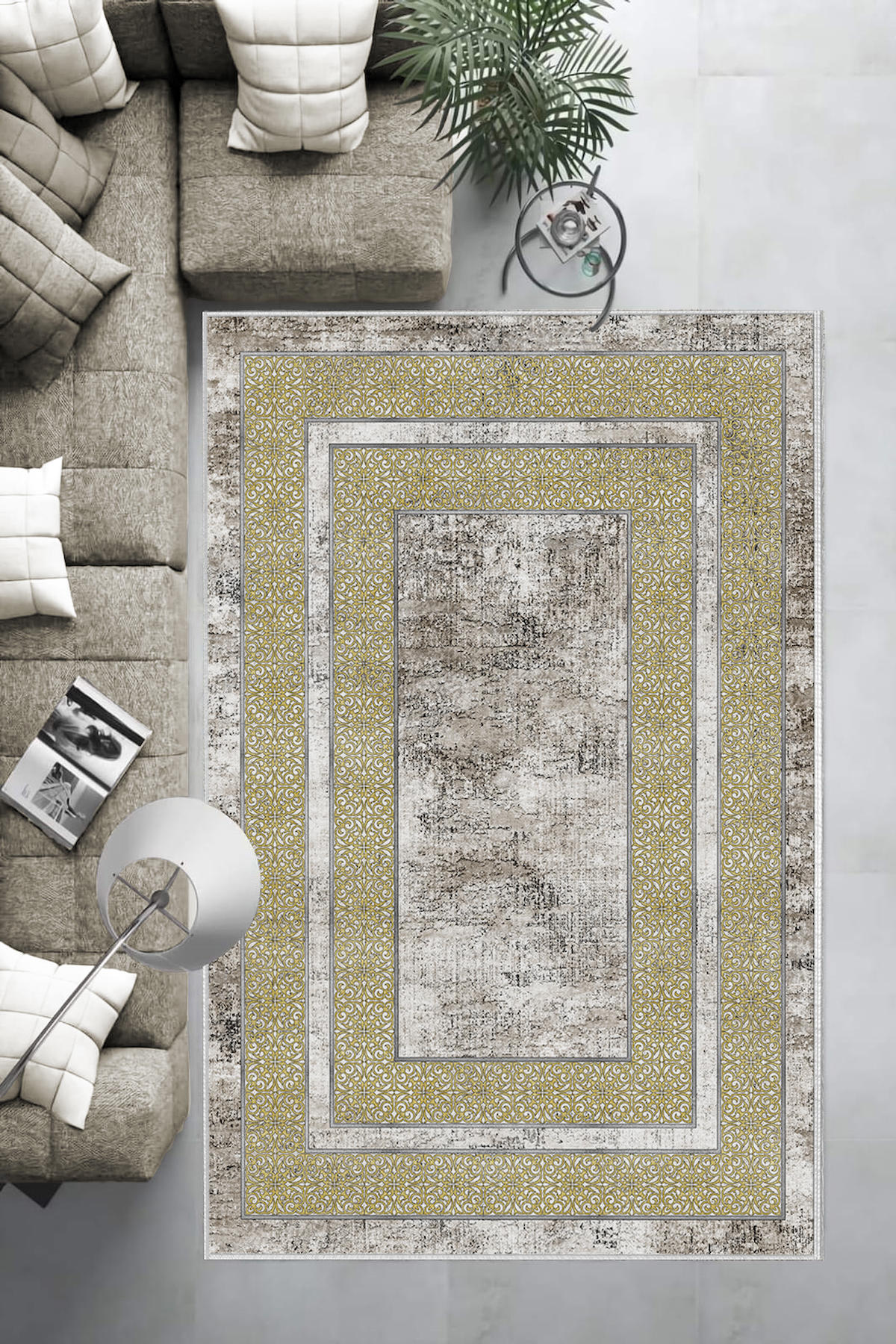 Aldora Altın-Gri 0.8 mm Polipropilen Antibakteriyel Yıkanabilir Orta Kaymaz Deri Taban Dikdörtgen Makine Dokuma Salon Halısı 80x200 cm